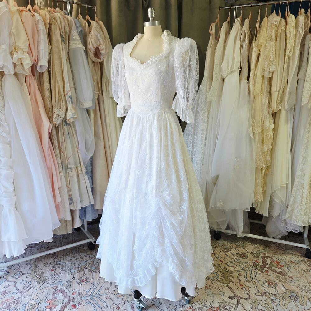 Gunne Sax Vintage 80s Lace Wedding Dress Size M L 11 Puff Sleeve Romantic Bridal
